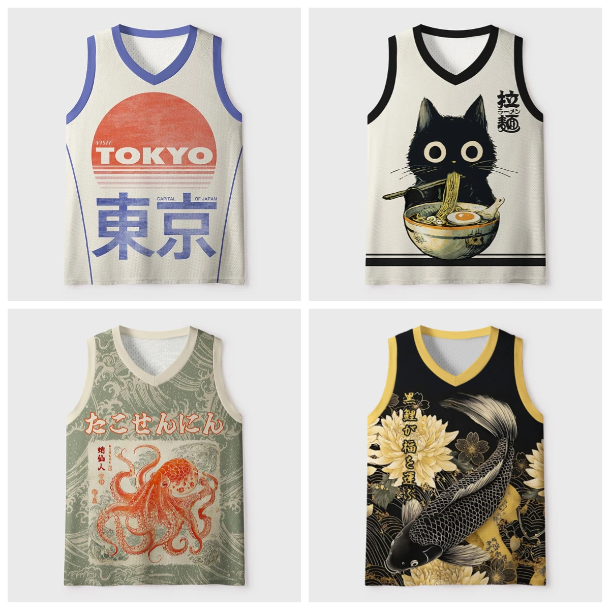 2026New V-neck Mesh Basketball Sports Vest Japanese Ukiyo-e Animal Print Sleeveless Loose Street Style Breathable Sports T-shirt