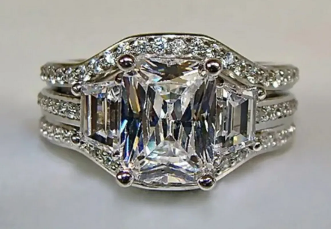 Vintage 10K White Gold 3ct AAAA Zircon Ring sets Silver Color Bijou Engagement Wedding band Rings for Women men Jewelry