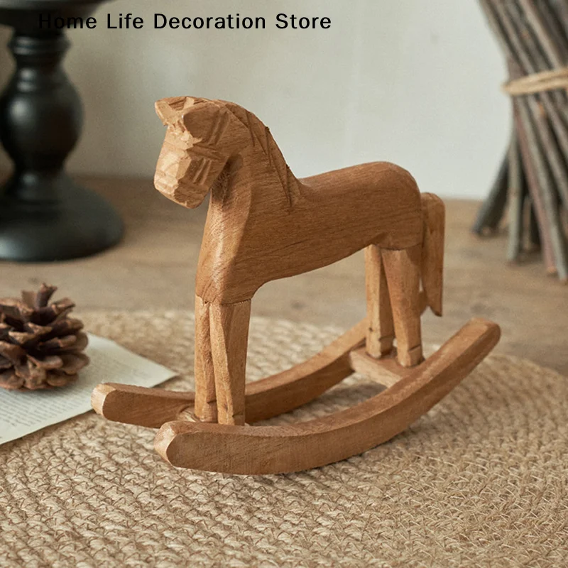 Nordic-style Wooden Crafts Rocking Horse Statue Balance Art Figurines Kids Toys Small Horse Hand Carved Gifts Office Home Decor