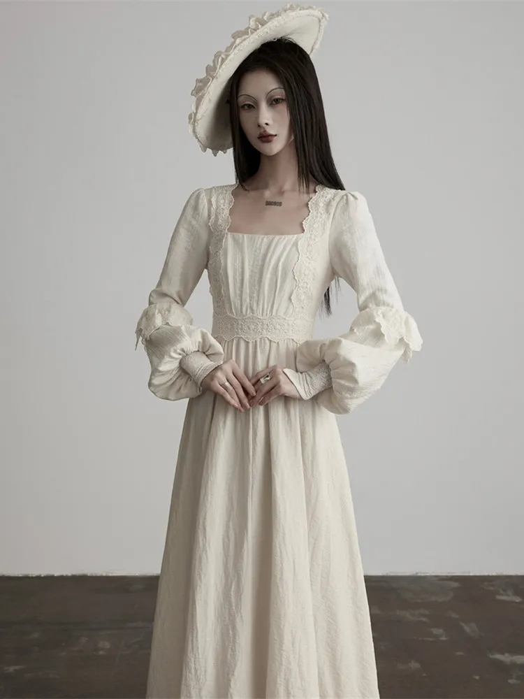 88-96cm Bust Vintage Elegant Square Neck Lace Splicing Long Lantern Sleeve High Waist Maxi Dress Women Autumn Casual Party Gown
