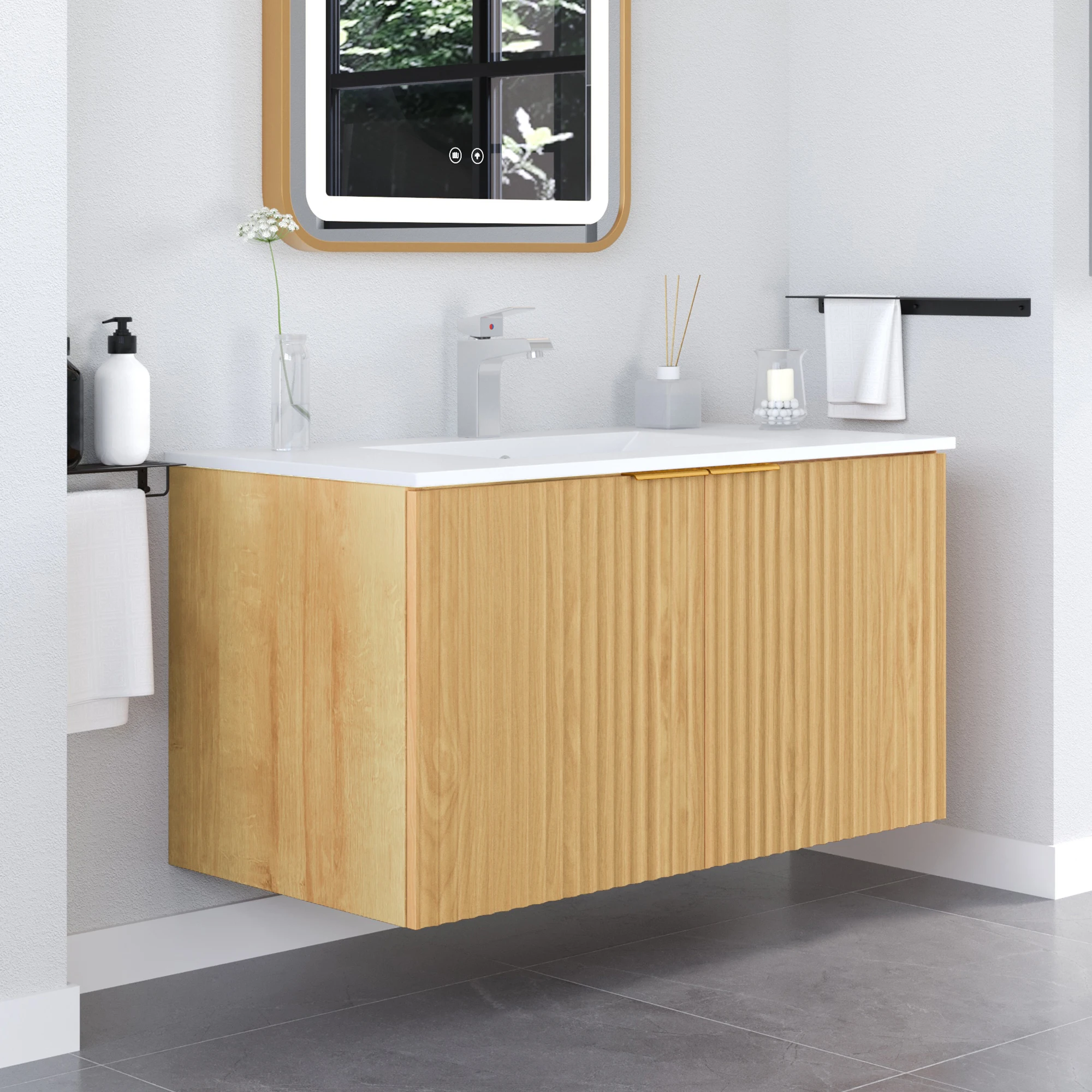 36in Vertical Stripe Wall-Mounted Open Storage Cabinet Retro Single-Layer Large Capacity Suitable for The Bathroom Without sink 
