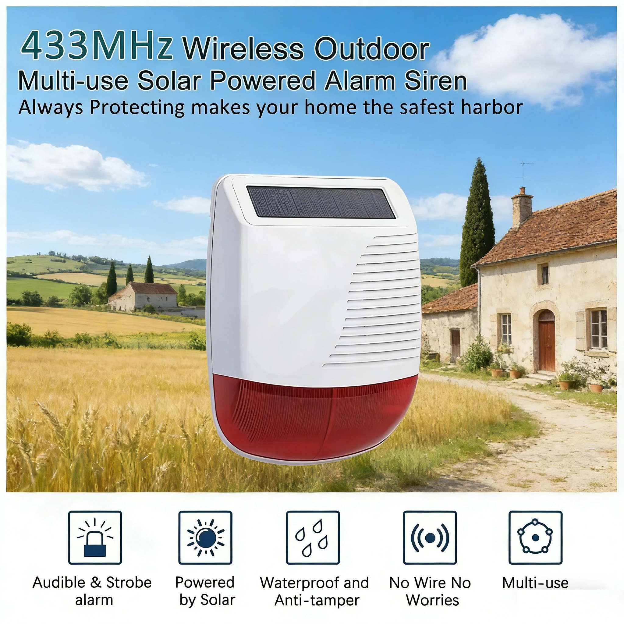 

Беспроводная солнечная сирена 433 МГц с высокой громкостью, уличная водонепроницаемая стробоскопическая сигнализация для домашней системы безопасности от взлома