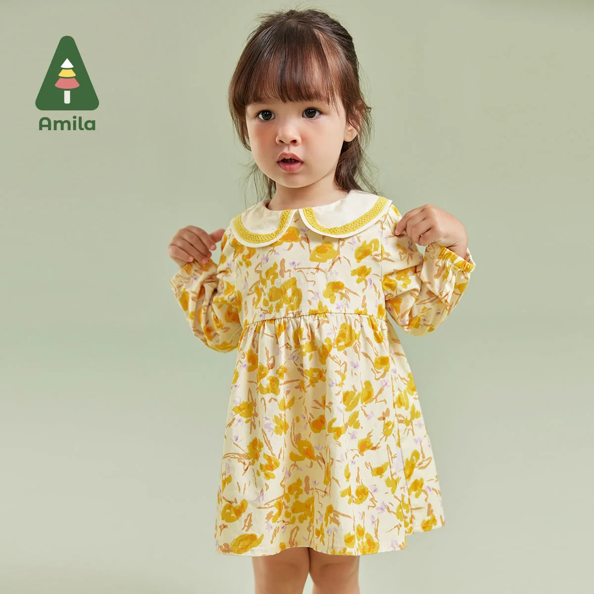 Amila Children's Clothing 2023 New Autumn  Cute Cotton Doll Collar Floral Soft  Loose Fit  Warm Insulation Dress Girls Baby