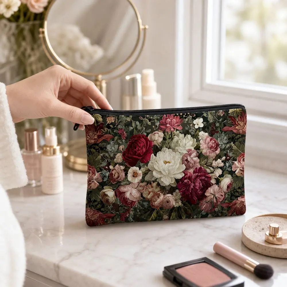 Zipper Closure Makeup Bag Portable Rectangular Shape Toiletry Bag Wide Storage Space Printed Pattern Storage Bag
