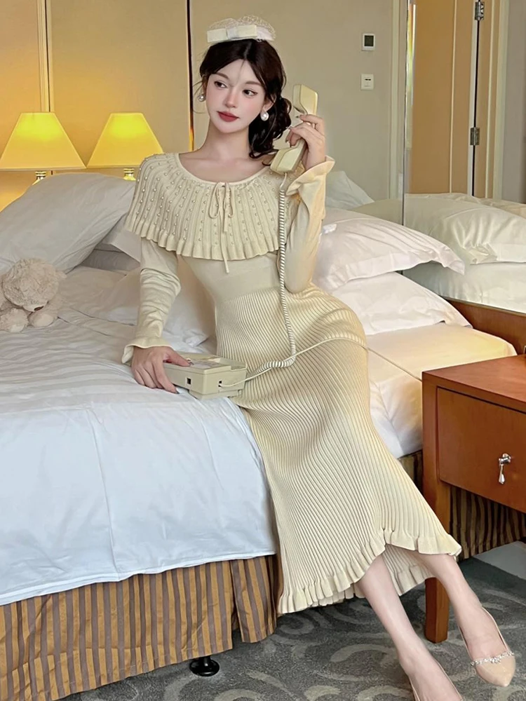 Vrouwen gebreide off-shoulder ruche lange mouw bodycon maxi lange jurk zoete elegante partij casual gewaad vestidos dame straatkleding