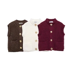 Willshela Women Fashion With Pockets Solid Single Breasted Knitted Vest Tank Tops Vintage O-Neck Sleeveless Female Chic Lady Top