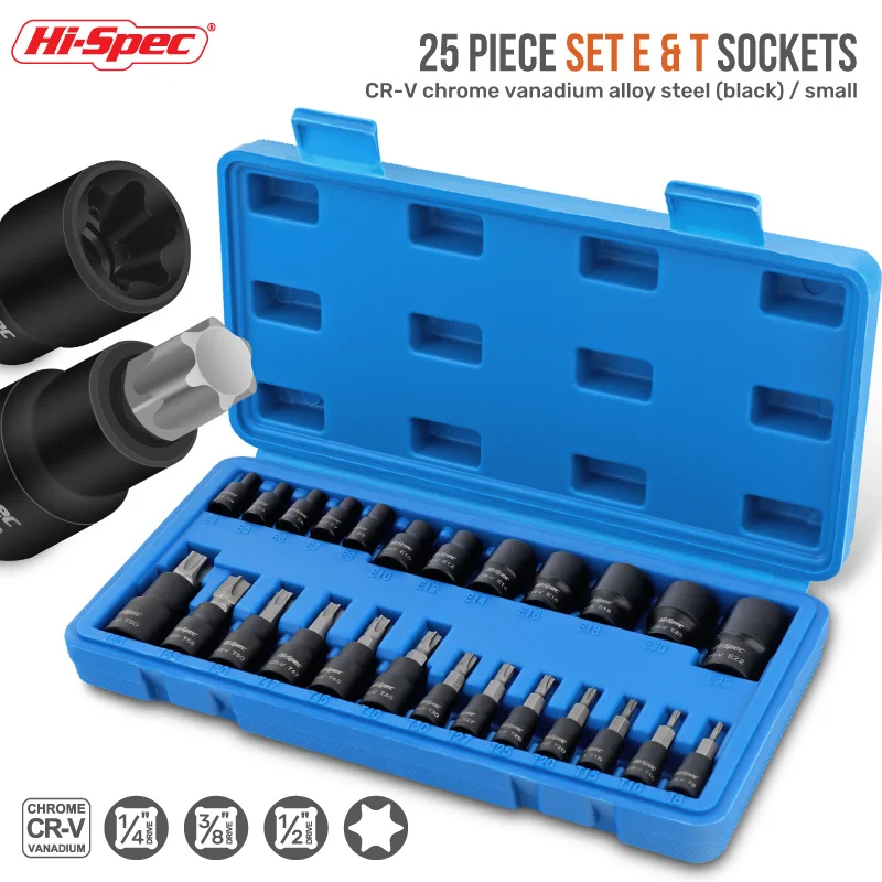 Hi-Spec CRV E-type T-type Star Socket Head Long Short Socket Sleeve Set Screwdriver Bit Socket 1/4\