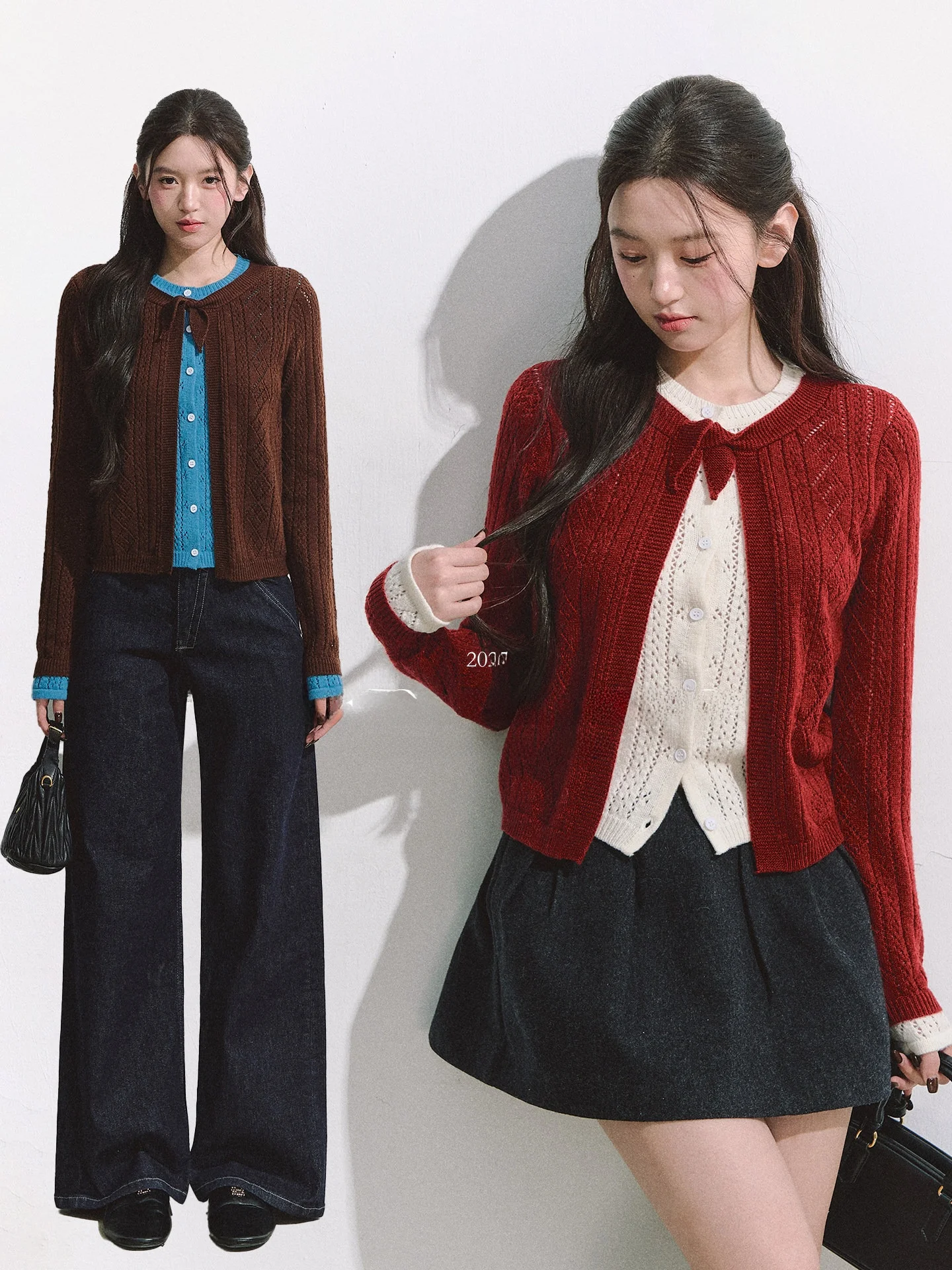 

OIOI E 35 Шерстяной кардиган с узором «косы» и цветными блоками, ажурный, короткий, открытый, женский вязаный свитер, Зима 2025