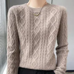 Suéter de punto de manga larga con cuello redondo para mujer, Tops casuales de moda, suelto, sólido, hilo de rosca, nuevo estilo, Otoño e Invierno