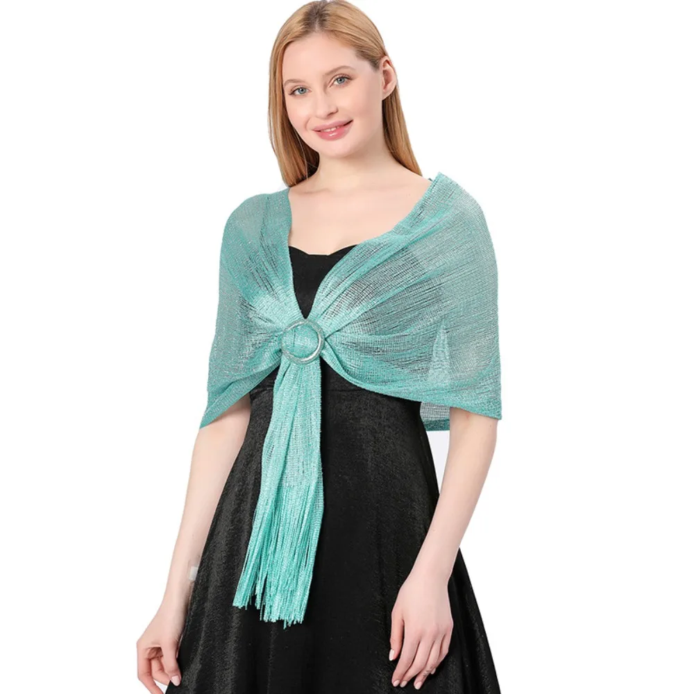Fashion Bridal Sparkling Metallic Scarf Wedding Party with Buckle Evening Dresses Shawl Bridesmaid Gold Silver Shiny Shawls view 5