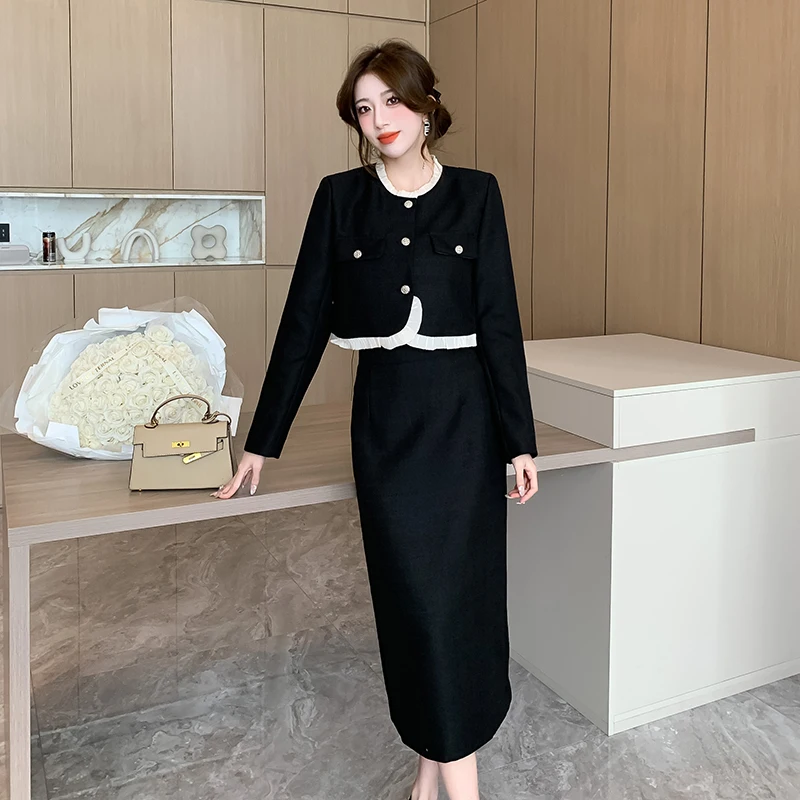 Autumn new small fragrance style ladies two-piece suit ladies short coat Crop Jackets and high-waisted mid skirt skirts