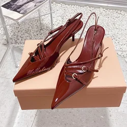 Strappy Buckles Sandals Pointy Toe Shiny Leather Stiletto Heels Women Sexy Shoes Summer Runway Sandals Solid Designer Party Shoe