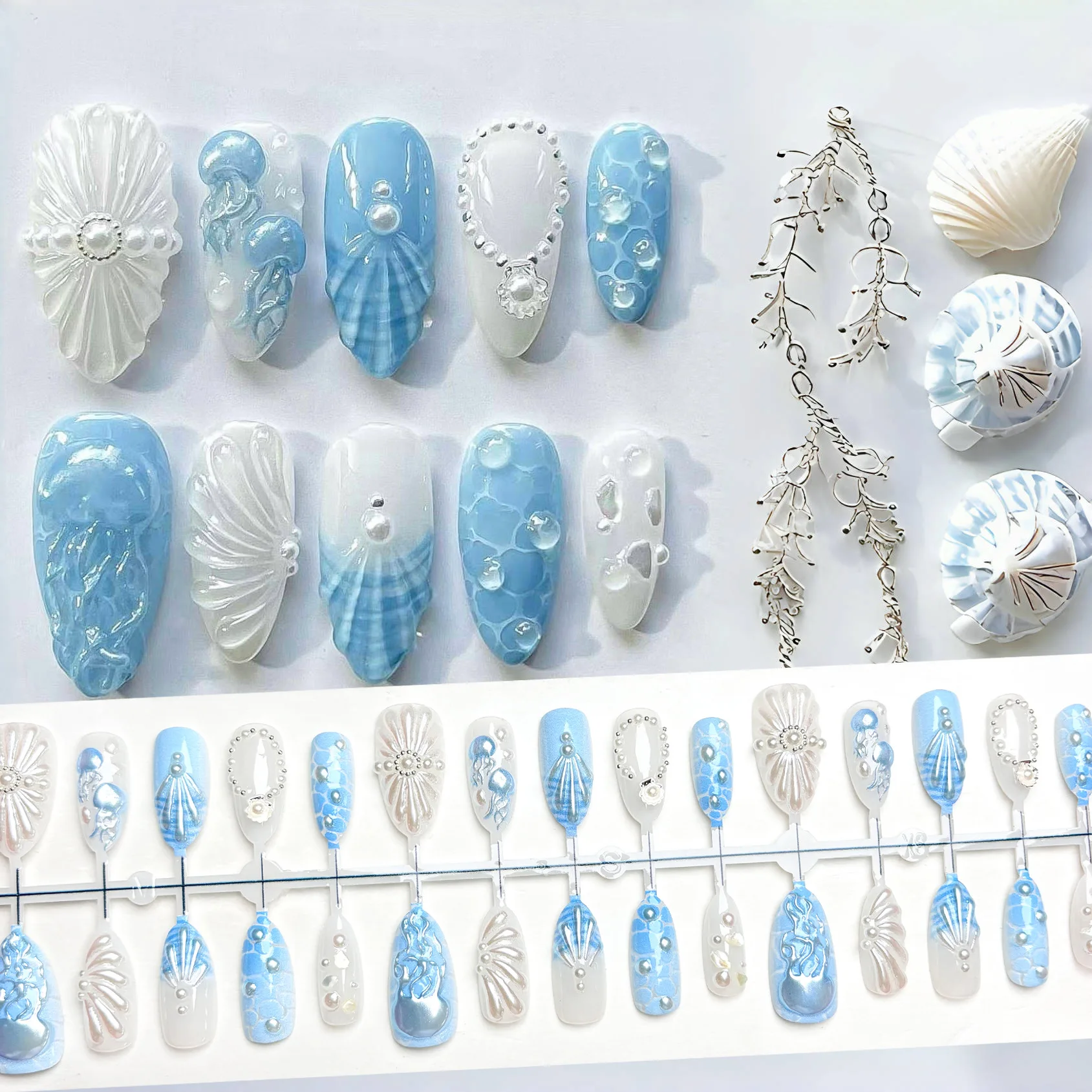 30 pçs azul praia imprensa em unhas arte com concha pérola design dicas de unhas falsas reutilizáveis conjuntos de unhas falsas de amêndoa de comprimento médio