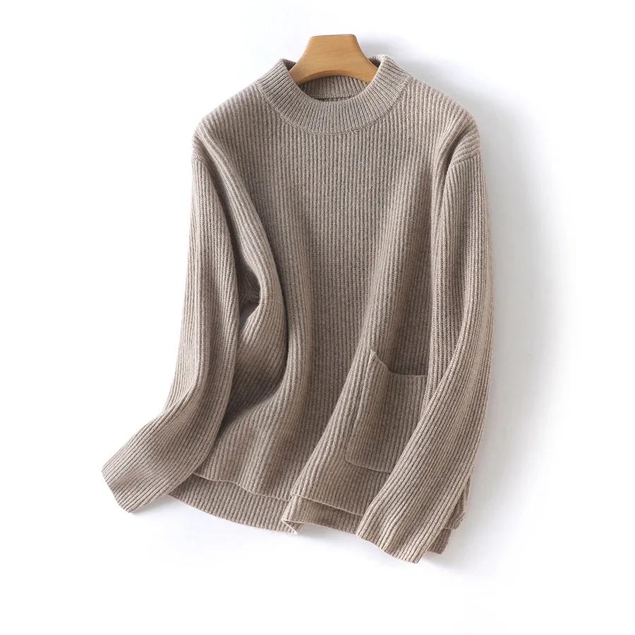 Birdtree 100%Merino Wool Japanese Style Sweater Front Pocket Women\'s Autumn Winter Slouchy Thickened Casual Pullover T3N555QC