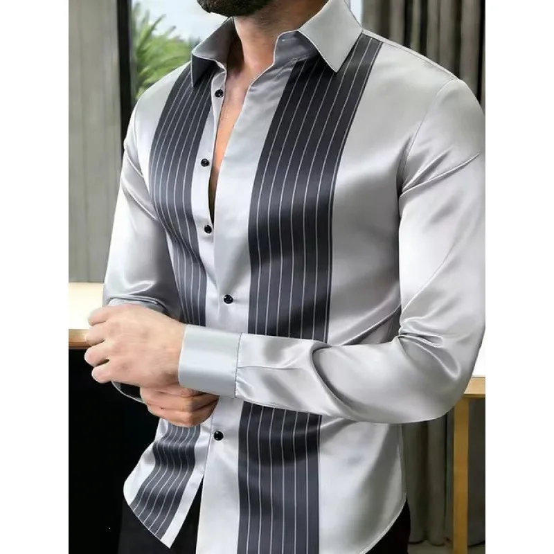 Men Firework Star Print Satin Shirt Glossy Long Sleeve Button Up Party Shirt