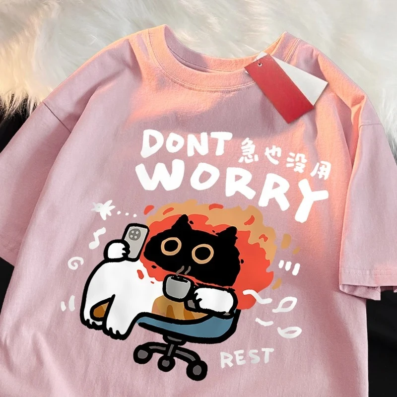 Don't Worry Fun Cat Print Japanischer Stil Kleidung Damen T-Shirt Sommer T-Shirts Damen Kleidung Mode Grafik T-Shirts Sommer