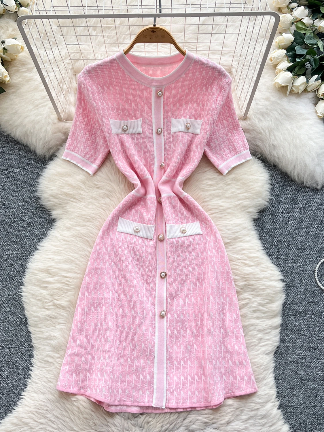 

Chic Fashion Print Short-sleeved Knitted Dress Women's Slim Dress Y2k Streetwear