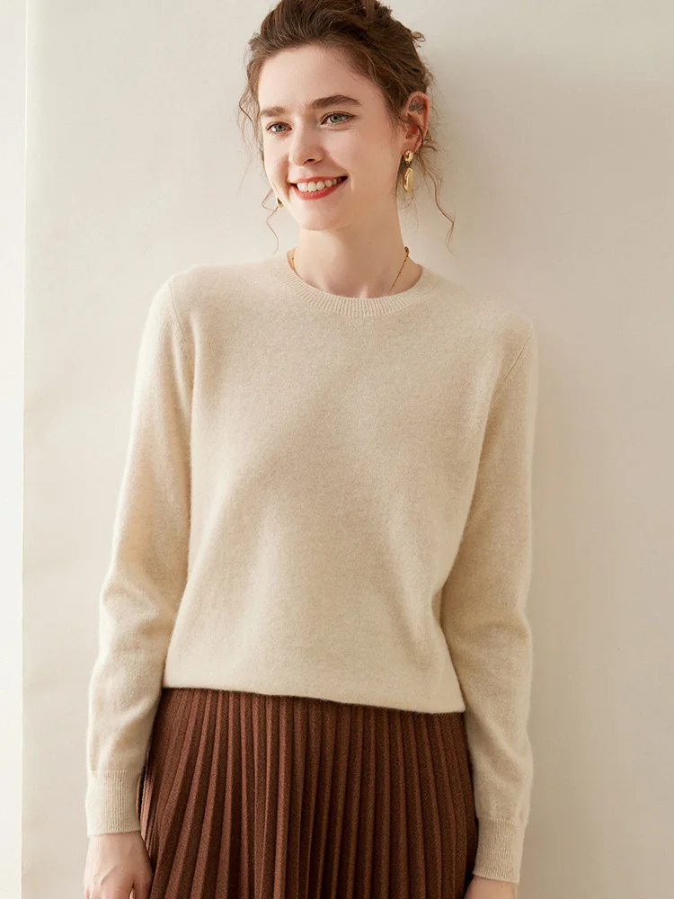Suéter de cachemira de invierno para mujer, jersey con cuello redondo, manga larga, color sólido con parte inferior de punto