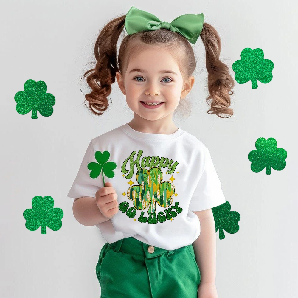 

Happy Go Lucky Printed Kids Shirts St. Patrick's Day Boys Girls Outfit T-shirt Child Short Sleeve Tee Tops Holiday Kid Clothes