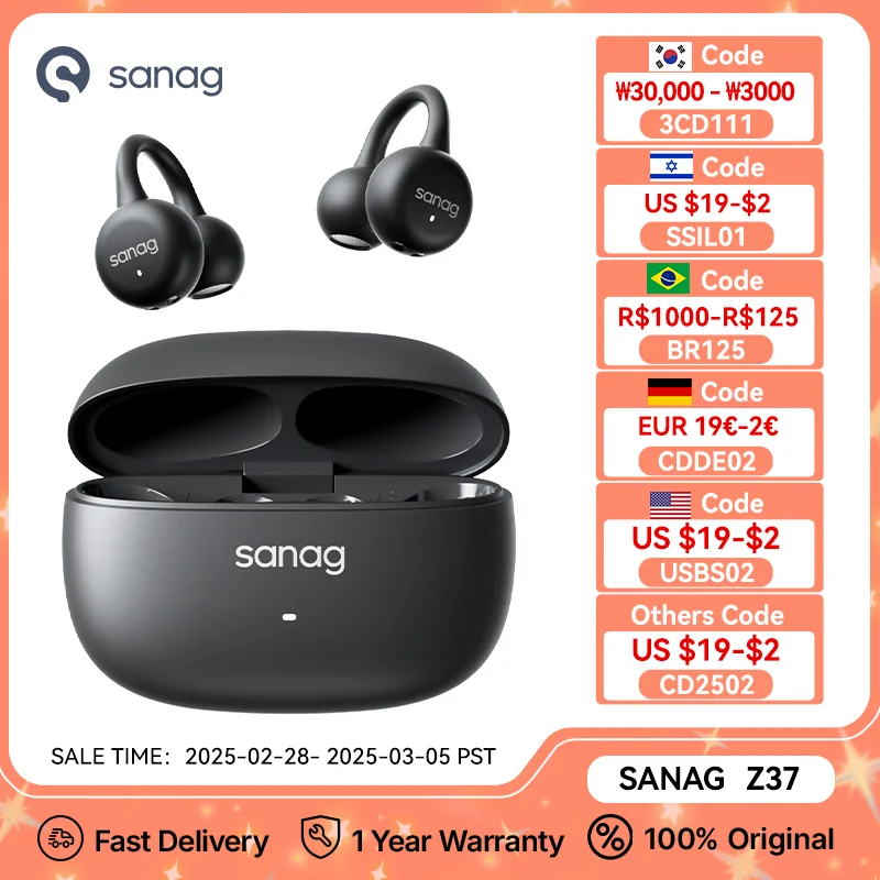 Sanag Z37 Ear Clip Earphones Air Conduction Open Ear Earbud Bluetooth 5.4 Wireless Bluetooth Headphones IPX4 40H Playback 3.3g