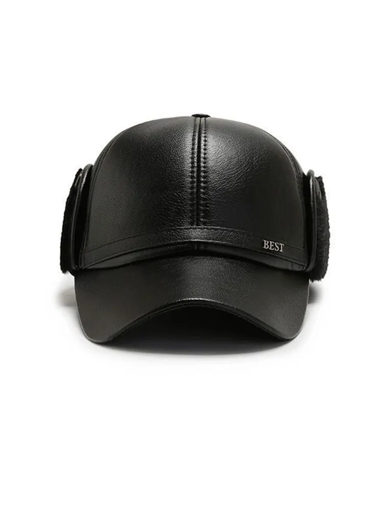 Lässige Herren-Baseballkappe aus weichem Leder mit Bündchen für mittlere und ältere Menschen, warm für den Winter – Detail 3