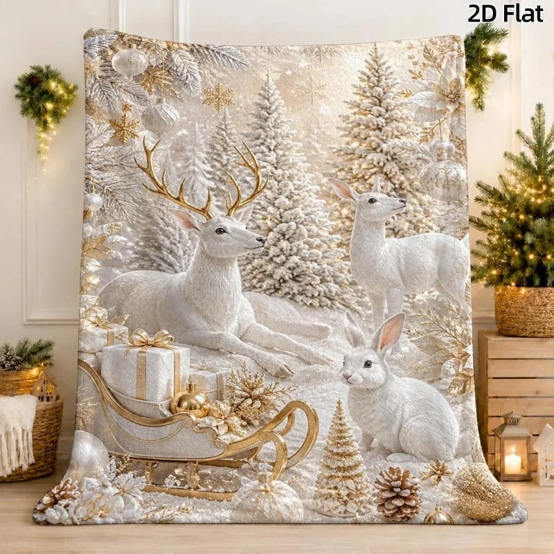 White Winter Reindeer Rabbit Snowy Forest Print Flannel Throw Blanket, Golden Pine Ornament Snowflake Pattern Soft Blanket