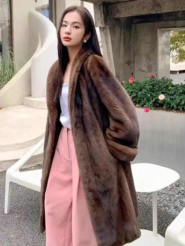 High Quality Luxury Long Fur Coat Women Winter Thick Warm Furry Outwear Faux Mink Fur Coat Pocket Lapel Fluffy Overcoat Elegant