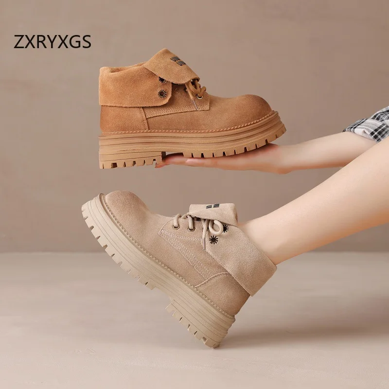 ZXRYXGS 2024 Superior Cow Suede Autumn Single Boots Roman Shoes Woman New Boots Thick Sole Non-slip Thick Mid Heels Roman Boots