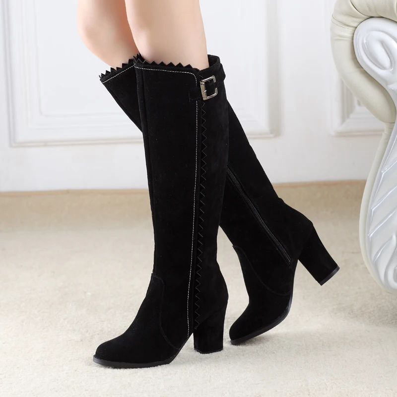 Faxu Suede Knee High Boots Women Shoes Fashion Long Tall Boot Female Block High Heels Flock Brown Autumn Winter Shoes Large Size