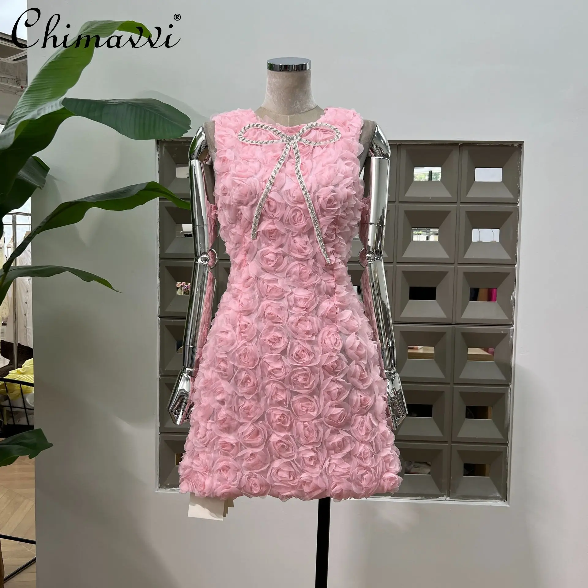 

French Elegant Fashion Socialite Sweet Pink Party Dresses Crew Neck Sleeveless Diamond Bow High Waist A-line Short Dress Women