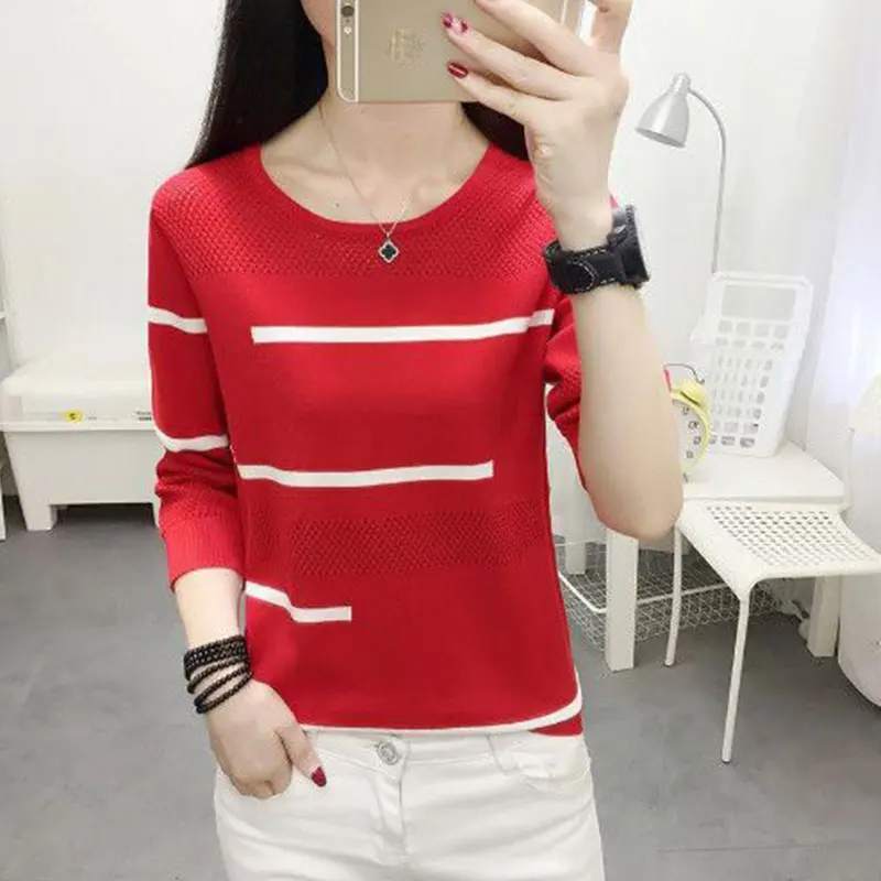 Spring and Autumn Fashion Simplicity Slim Thin Hollow Knit Sweater Women Clothes Casual All-match O-neck Long Sleeve Sweater