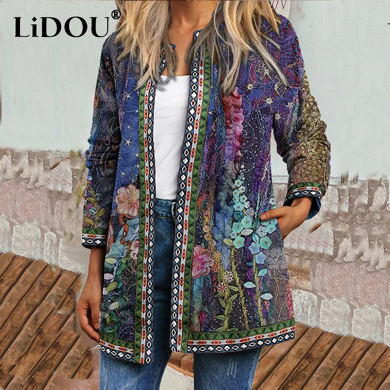 Y2K Spring Autumn Vintage Ethnic Style Cardigan Long Sleeve Printed Jackets Loose Outerwear Ladies Coat Harajuku Tops Women