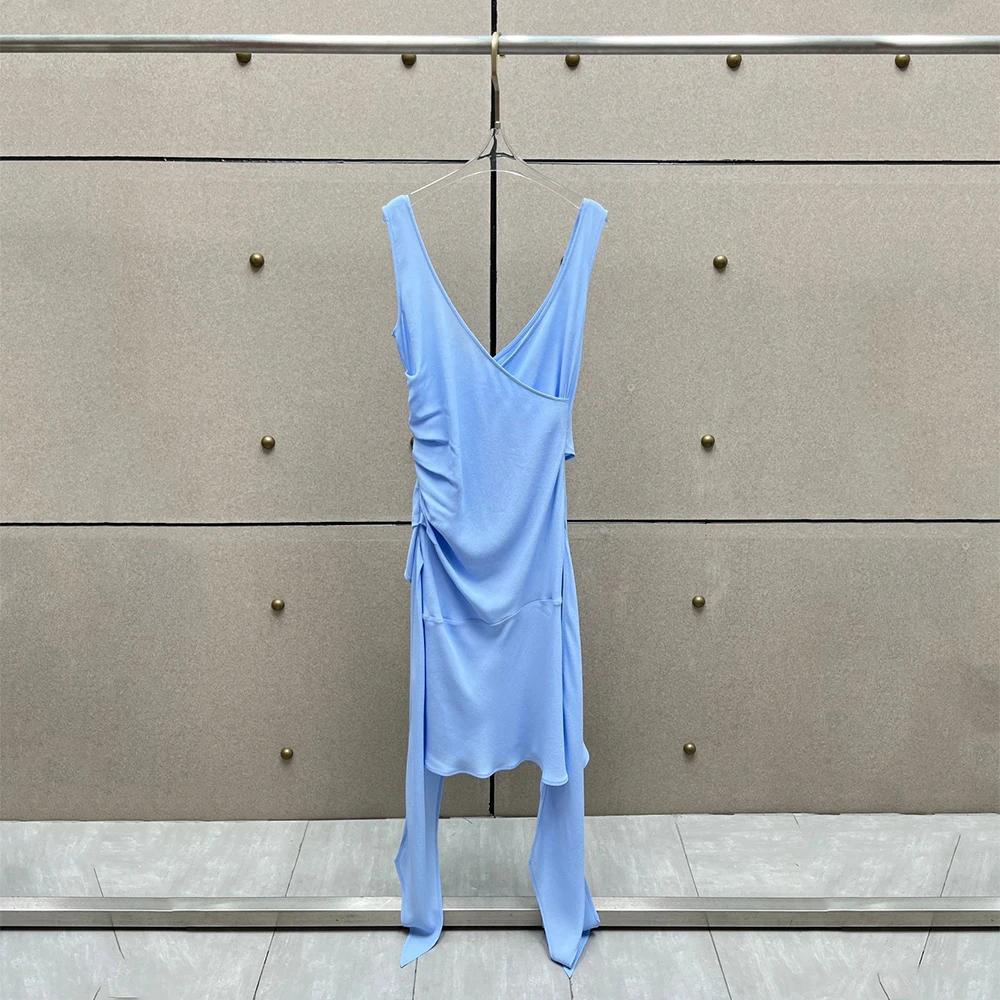 

Light Blue V Neck Ruched Bodycon Midi Dress for Women 100% Viscose Sleeveless Asymmetrical Hem Elegant Party Cocktail Dresses
