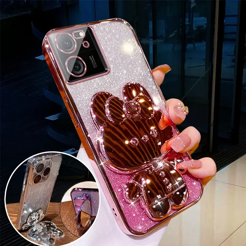 Luxury Glitter Plating Rabbit Holder Mirror Case for Redmi A3 13C 12 10 C R Note 13 Pro Plus 4G 5G  Shockproof Cover