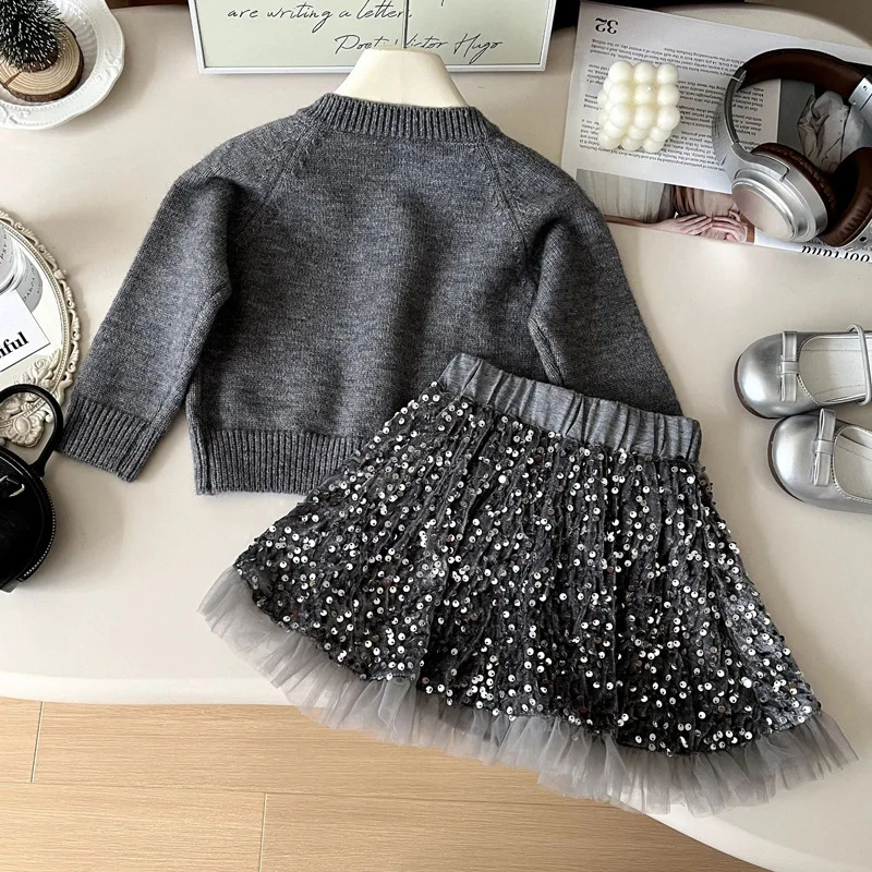 2 3 4 5 6 7 8 years old girls set skirt Spring Autumn style baby knitted sweater coat Fashion sequin mesh skirt two-piece set