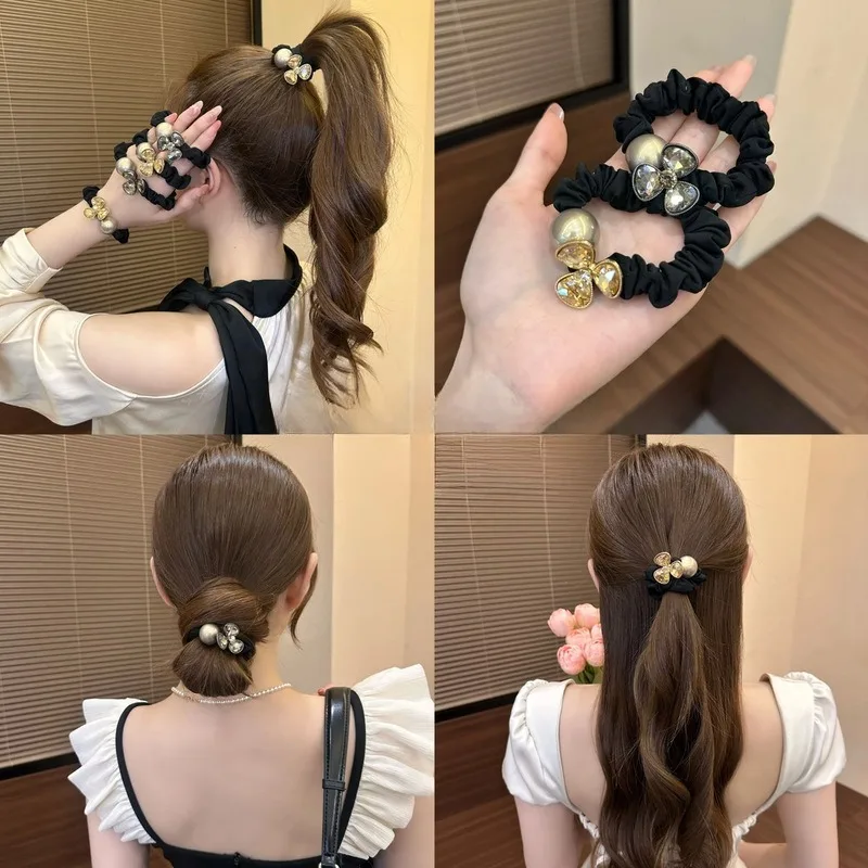 

New Korean version elegant pearl hair band exquisite flash diamond petal hair rope high value girl hair tie headdress