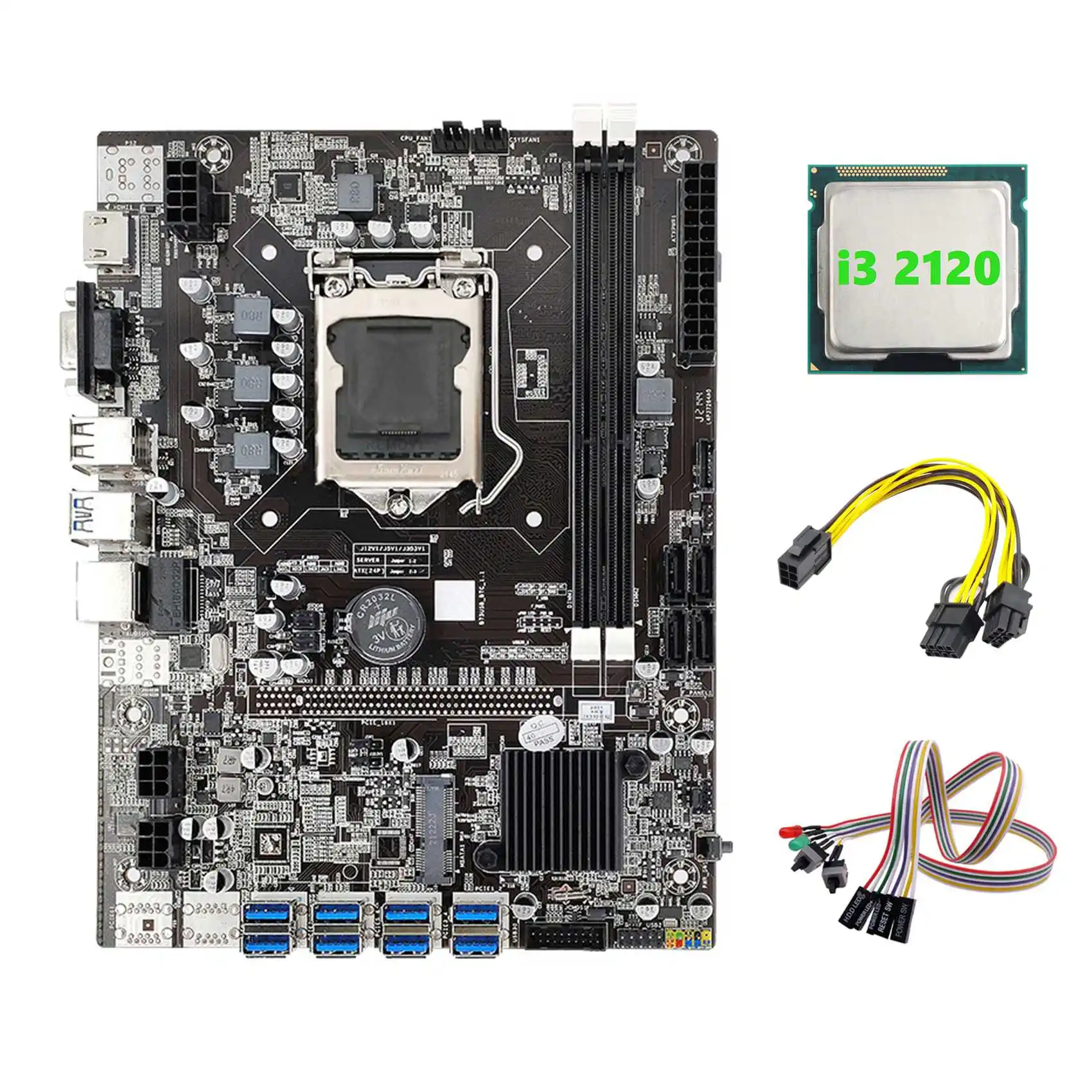 

B75 ETH Mining Motherboard 8XPCIE to USB+I3 2120 CPU+Switch Cable+6Pin to Dual 8Pin Cable LGA1155 Miner Motherboard