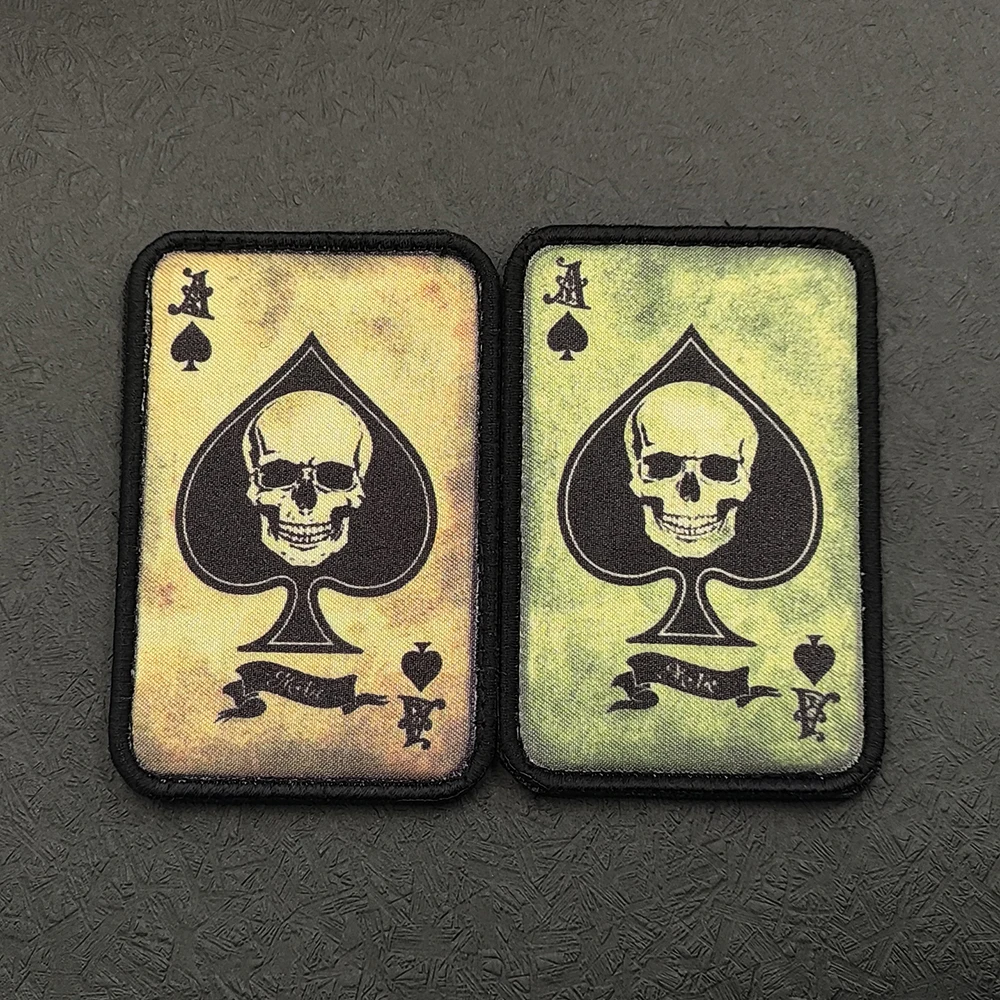 Vintage Ace of Spades Skull Printing Patch – Hardcore Tactical Patch Washed Yellow Retro Design for Tactical Gear