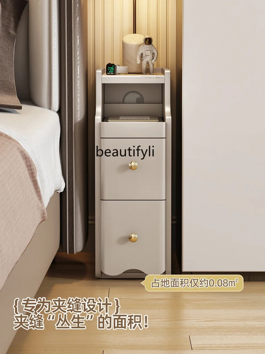 Cream Style Bedside Table Small Ultra-Narrow Household Bedroom Bedside Storage Sandwich Cabinet New