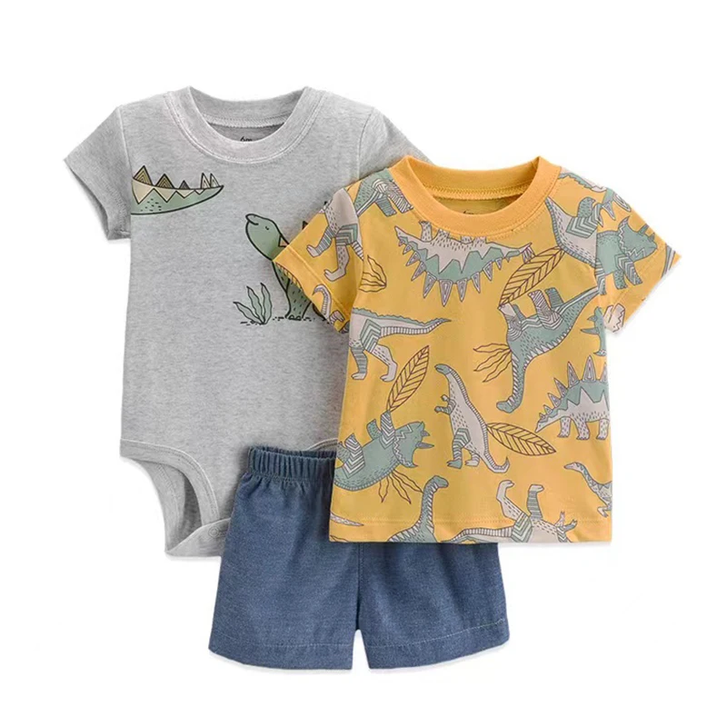 Summer Newborn Baby Boy Clothes Set 100%Cotton Outfit Short Sleeve Bodysuit Top And Bottom Cartoon Animals 3Pcs Infant Outfits