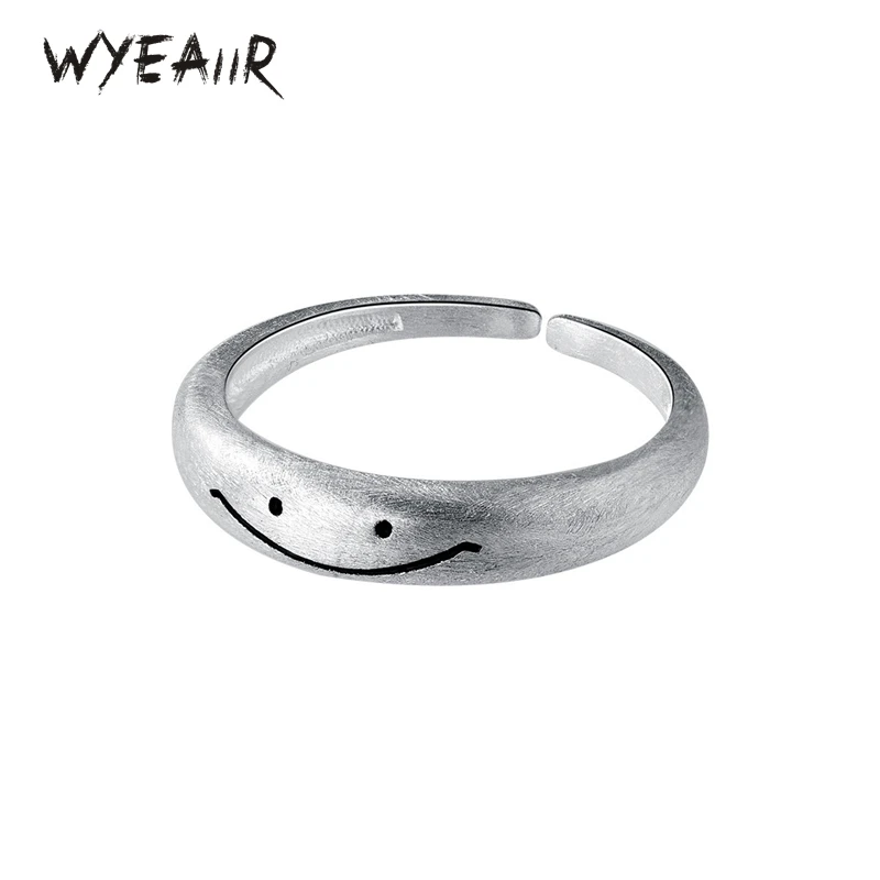 WYEAIIR 925 Sterling Silver Cute Brushed Smiling Face Art Creativity Fine Jewelry Luxury Resizable Opening Female Ring