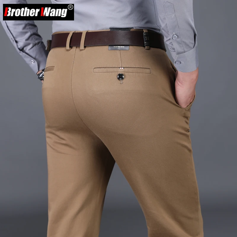 Pantalones informales rectos de negocios marrones de estilo clásico en 4 colores, pantalones de oficina de cintura alta de algodón elástico sólido, marca masculina