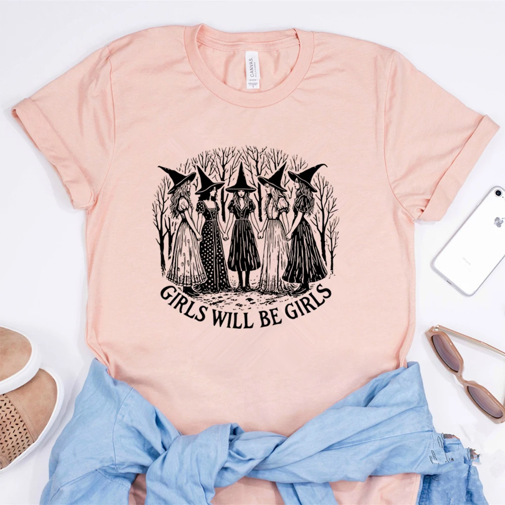 Halloween Girls Will Be Girls Witch Shirt Funny Witch Shirts Girl Power Halloween Women Vintage Clothes Witchy Vibes Tee Tops