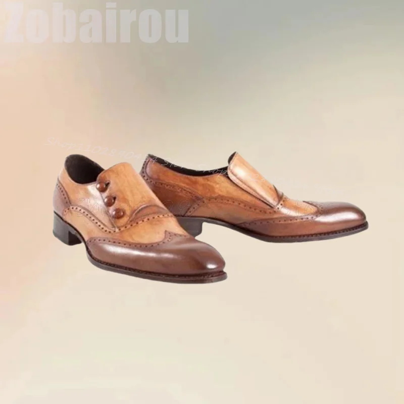 Brown Button Decor Carving Design Men Dress Shoes Fashion Slip On Male Shoes Luxurious Handmade Party Banquet Office Men Shoes