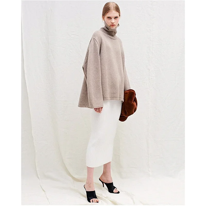 

TT@ LUXURY Sweater Women's Wool Cashmere Front Short Back Long High Neck Loose Fit Bottom Outer Wear Pullover Top Winter