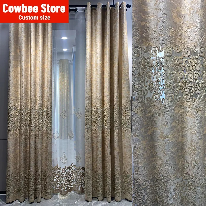 

New European Style Luxurious Blue Curtains for Living Dining Room Bedroom Flannelette Hollowed Out Embroidery Screen Window