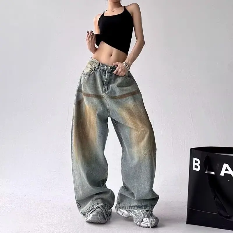 Y2K American Retro High Waist Straight Leg Jeans Women Washed Denim Pants Hip Hop Street Style Casual Trousers
