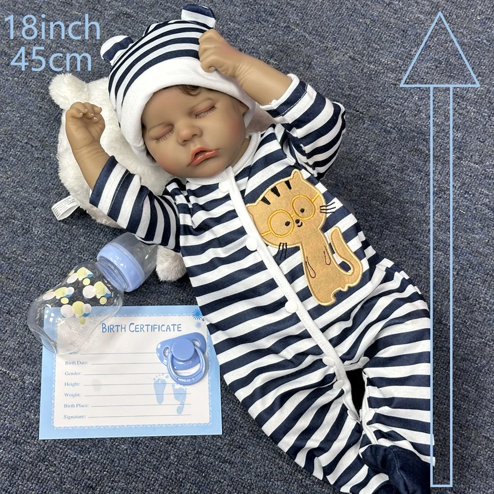Poupée noire Reborn de 18 pouces, matériau vinyle, pyjama rayé, membres poseables, emballage en boîte de couleur, adapté aux familles noires
