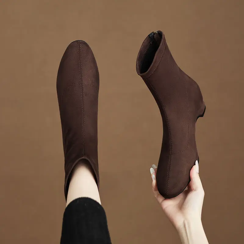 2026 new autumn winter women ankle boots 22-26cm flannel+pigskin/plush round toe back-zip women short boots skinny boots