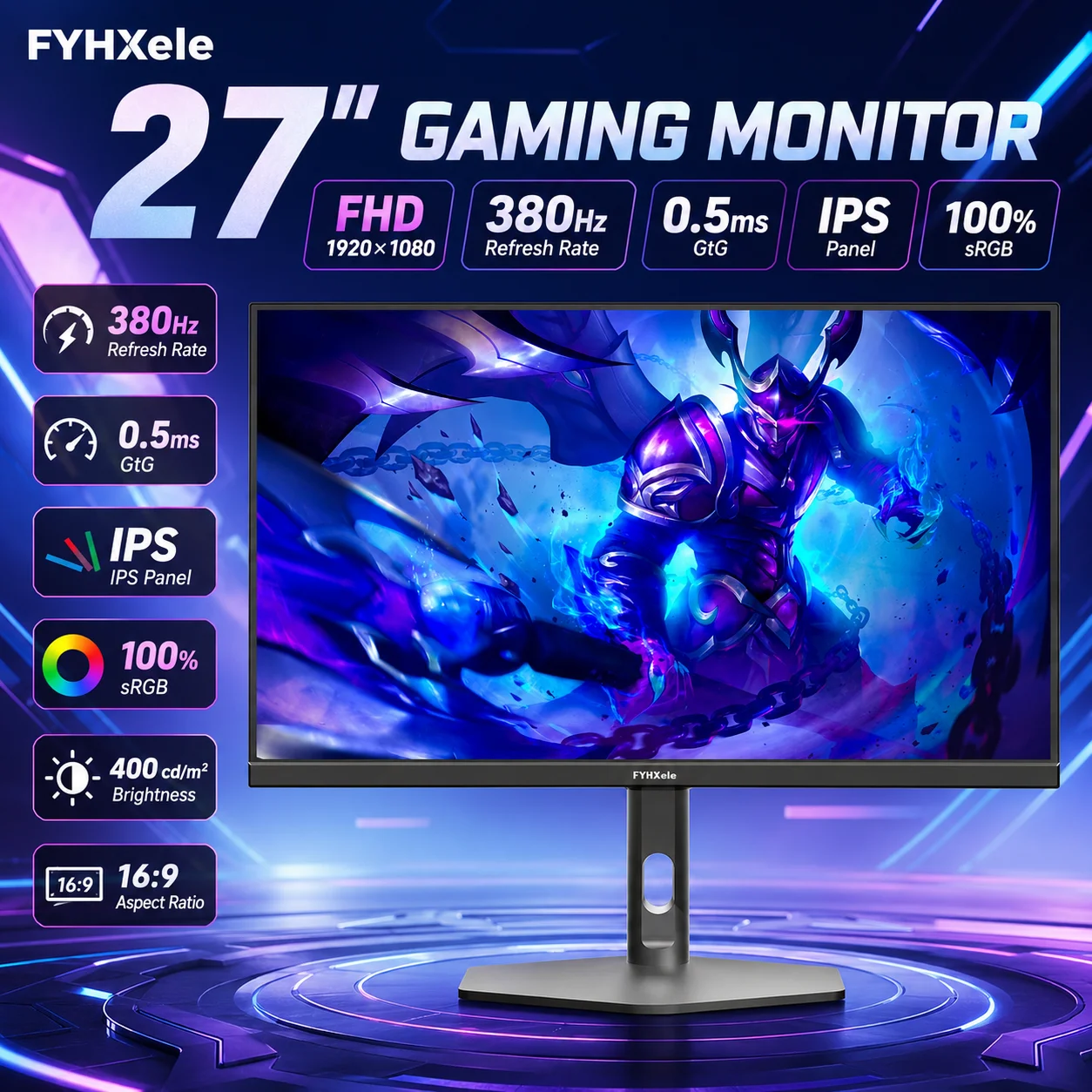 Display Sc 27 pulgadas 380Hz monitor de juegos FHD 1080P IPS pantalla plana sin marco PC pantalla de escritorio 0.5ms 100%sRGB 400cd / m² RGB retroiluminación ajustable de altura girar soporte HDMI DP monitores FY27FHR